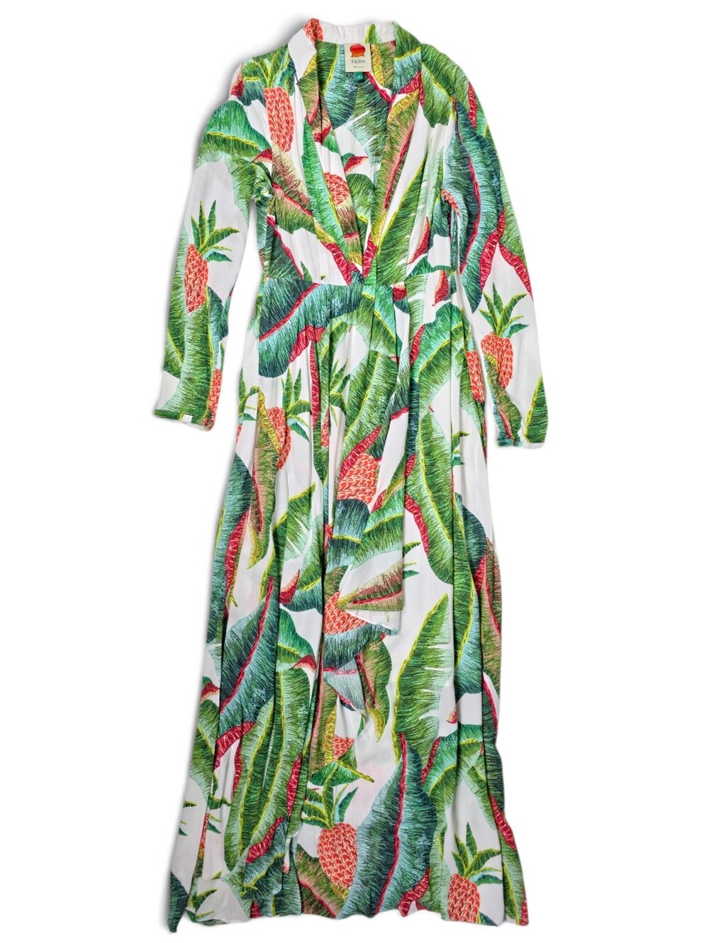 FARM Rio Pineapple Tropical Maxi Dress Womens S White Green Long Sleeve V Neck - Picture 5 of 12